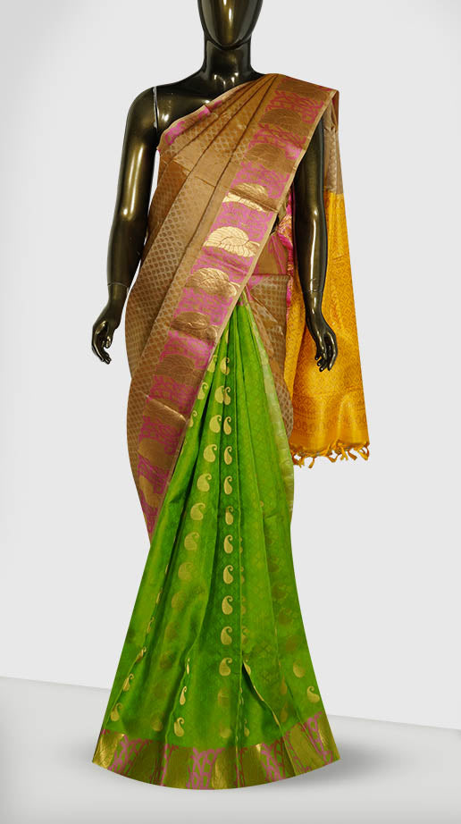 Biege and green Jacquard partly silk saree - Clio Silks