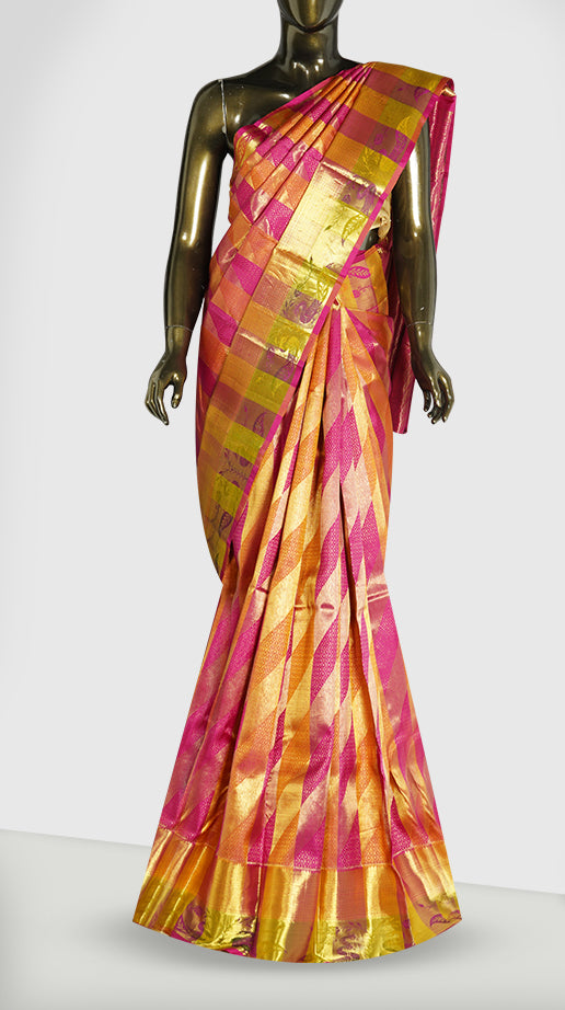 Pink and Mustard Kanjivaram Brocade Silk Saree - Clio Silks