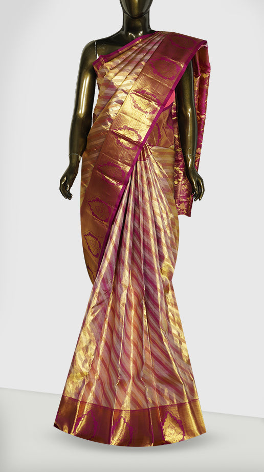 Gold And Magenta Stripes Brocade Kanjivaram Silk Saree - Clio Silks