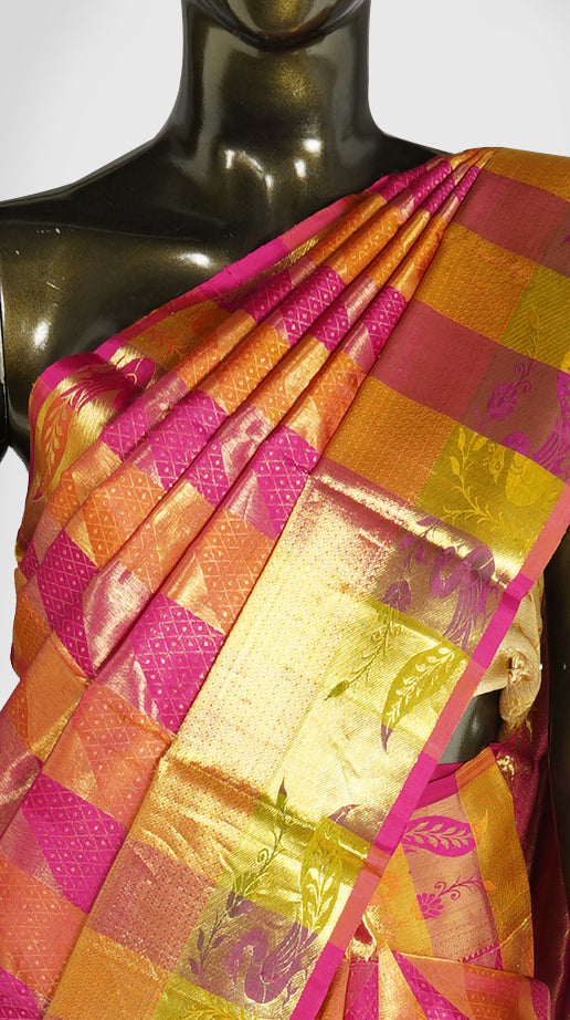 Pink and Mustard Kanjivaram Brocade Silk Saree - Clio Silks