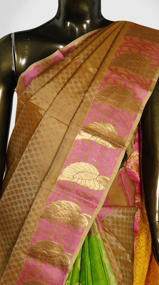 Biege and green Jacquard partly silk saree - Clio Silks