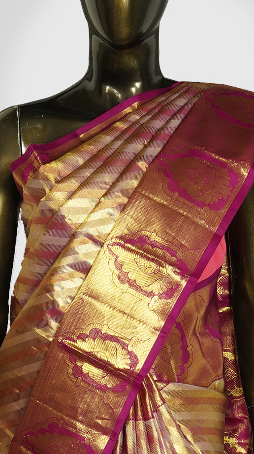 Gold And Magenta Stripes Brocade Kanjivaram Silk Saree - Clio Silks