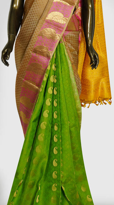 Biege and green Jacquard partly silk saree - Clio Silks