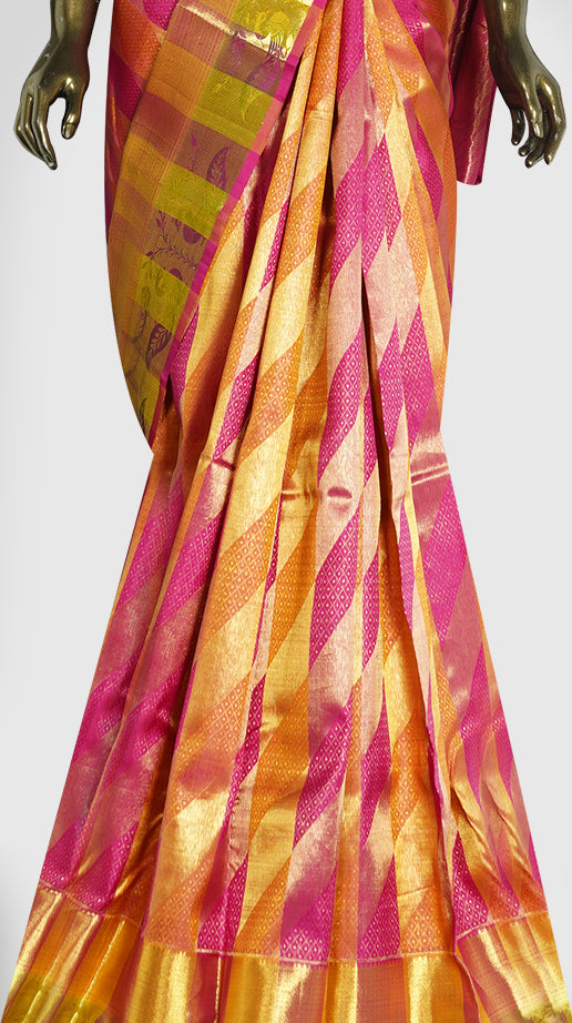 Pink and Mustard Kanjivaram Brocade Silk Saree - Clio Silks