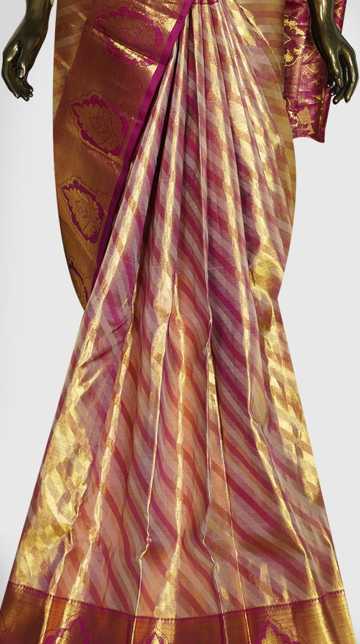 Gold And Magenta Stripes Brocade Kanjivaram Silk Saree - Clio Silks