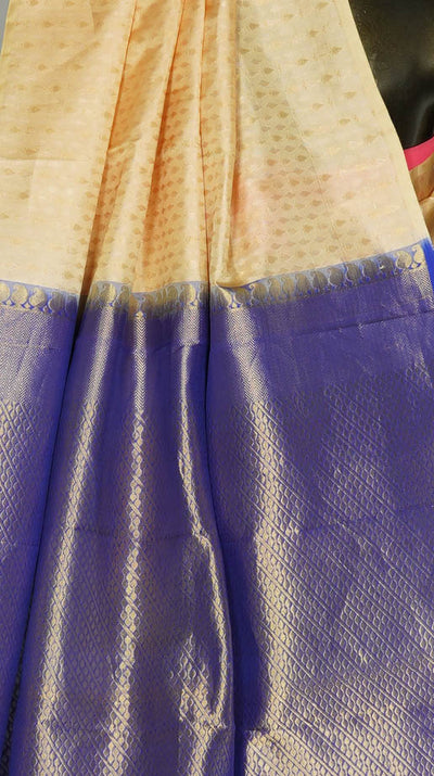 Cream and MS Blue Partly Silk Saree - Clio Silks
