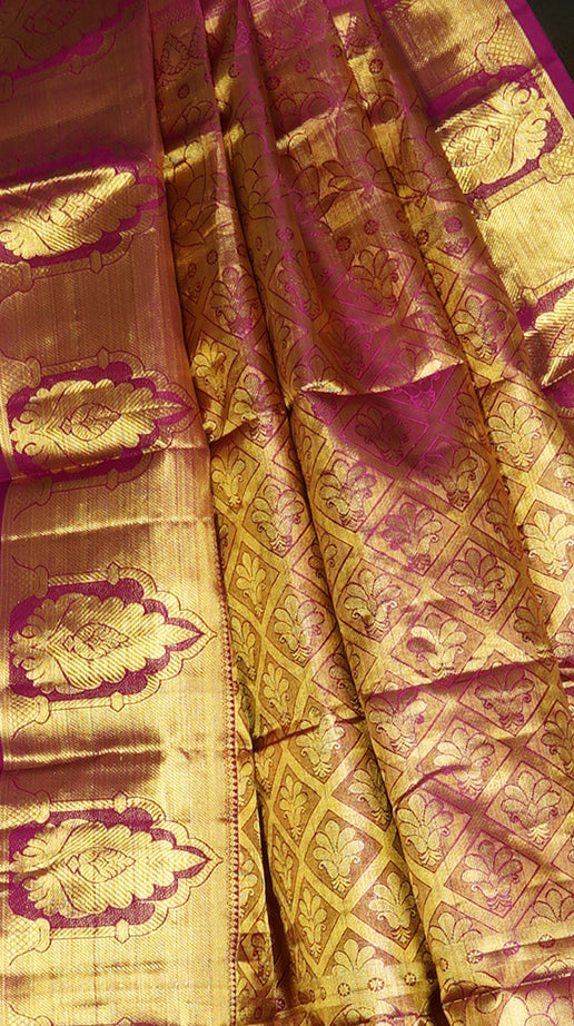 Gold And Magenta Stripes Brocade Kanjivaram Silk Saree - Clio Silks