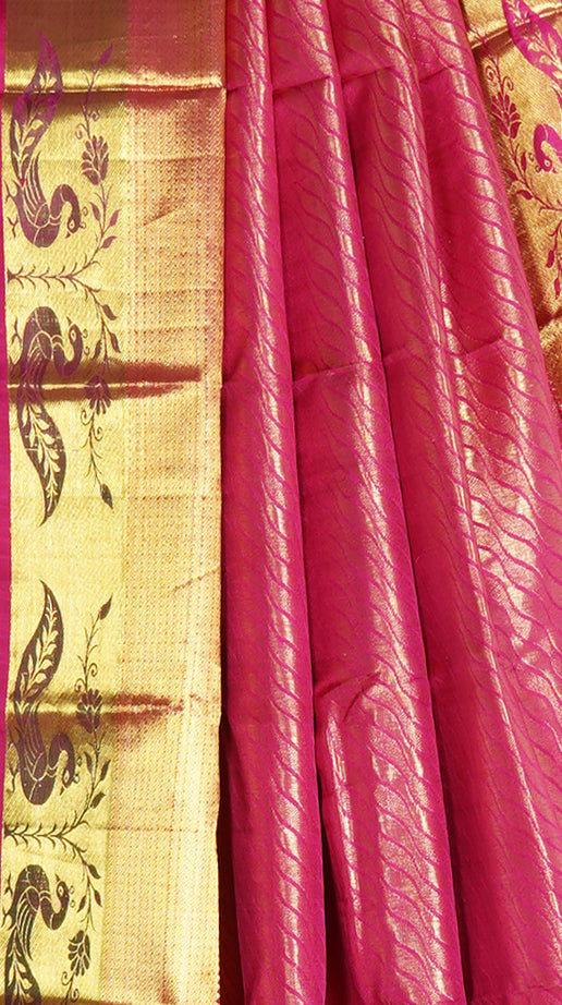 Pink and Mustard Kanjivaram Brocade Silk Saree - Clio Silks