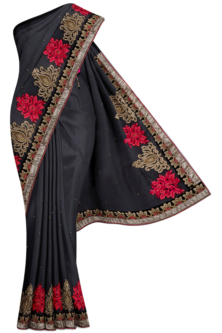 Black Embroidered Georgette Sari - Clio Silks
