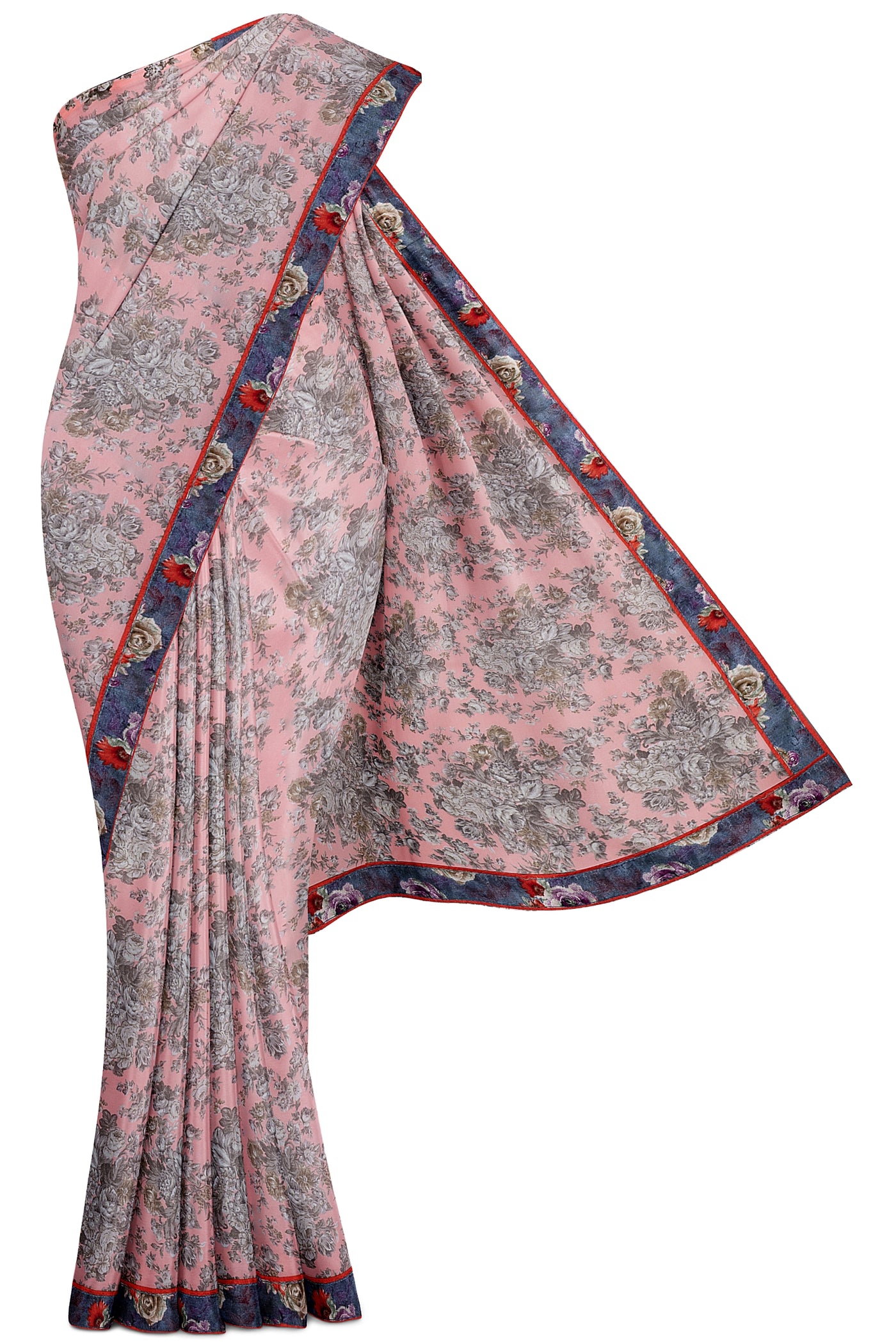 Peach and Grey Floral Printed Chiffon Sari - Clio Silks