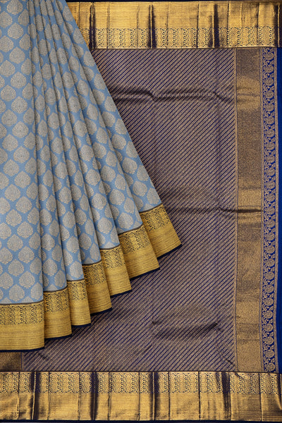 Grey and Blue brocade Pure Kanjivaram silk saree - Clio Silks
