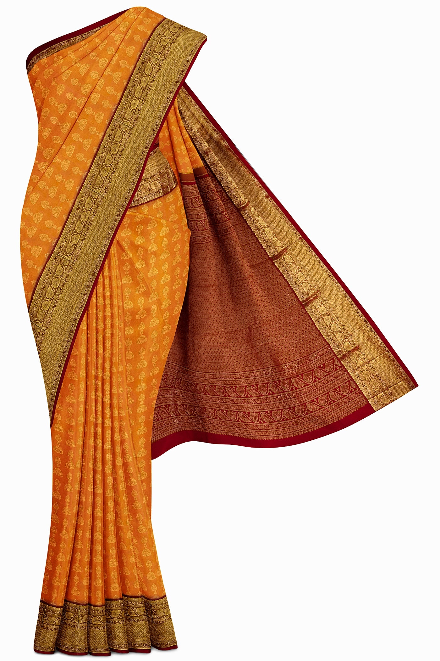 Peach and Red Brocade Kanjivaram Silk Sari - Clio Silks