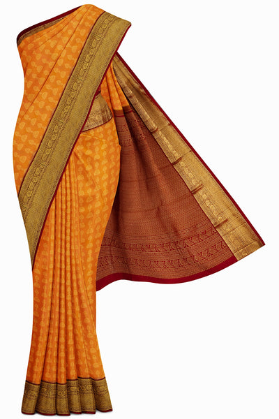 Peach and Red Brocade Kanjivaram Silk Sari - Clio Silks