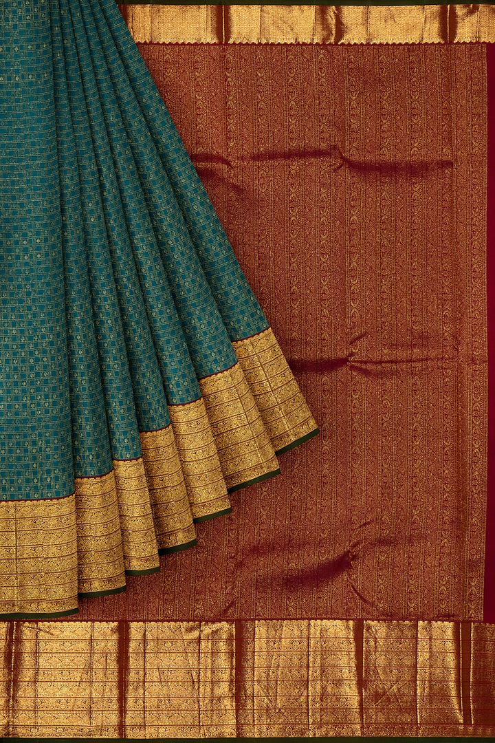 Sapphire Blue Brocade Checks Kanjivaram silk Sari - Clio Silks