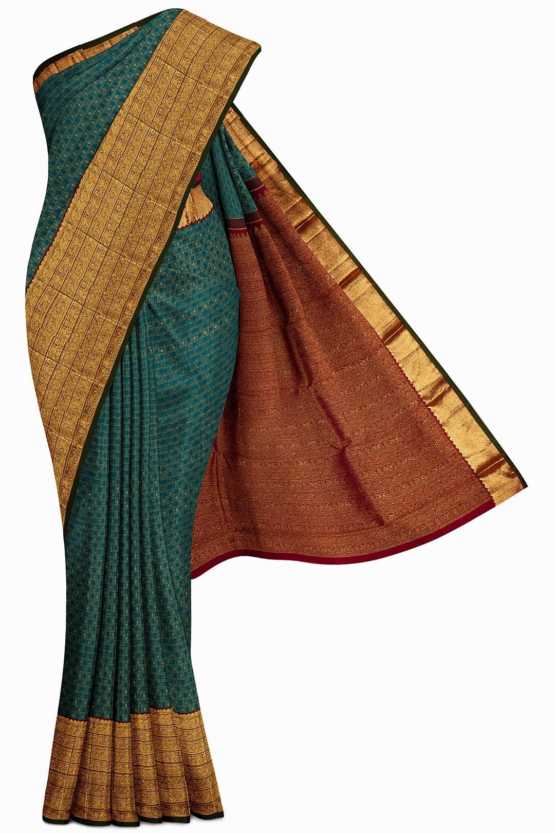 Sapphire Blue Brocade Checks Kanjivaram silk Sari - Clio Silks