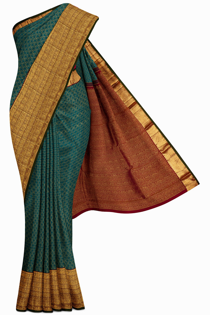 Sapphire Blue Brocade Checks Kanjivaram silk Sari - Clio Silks