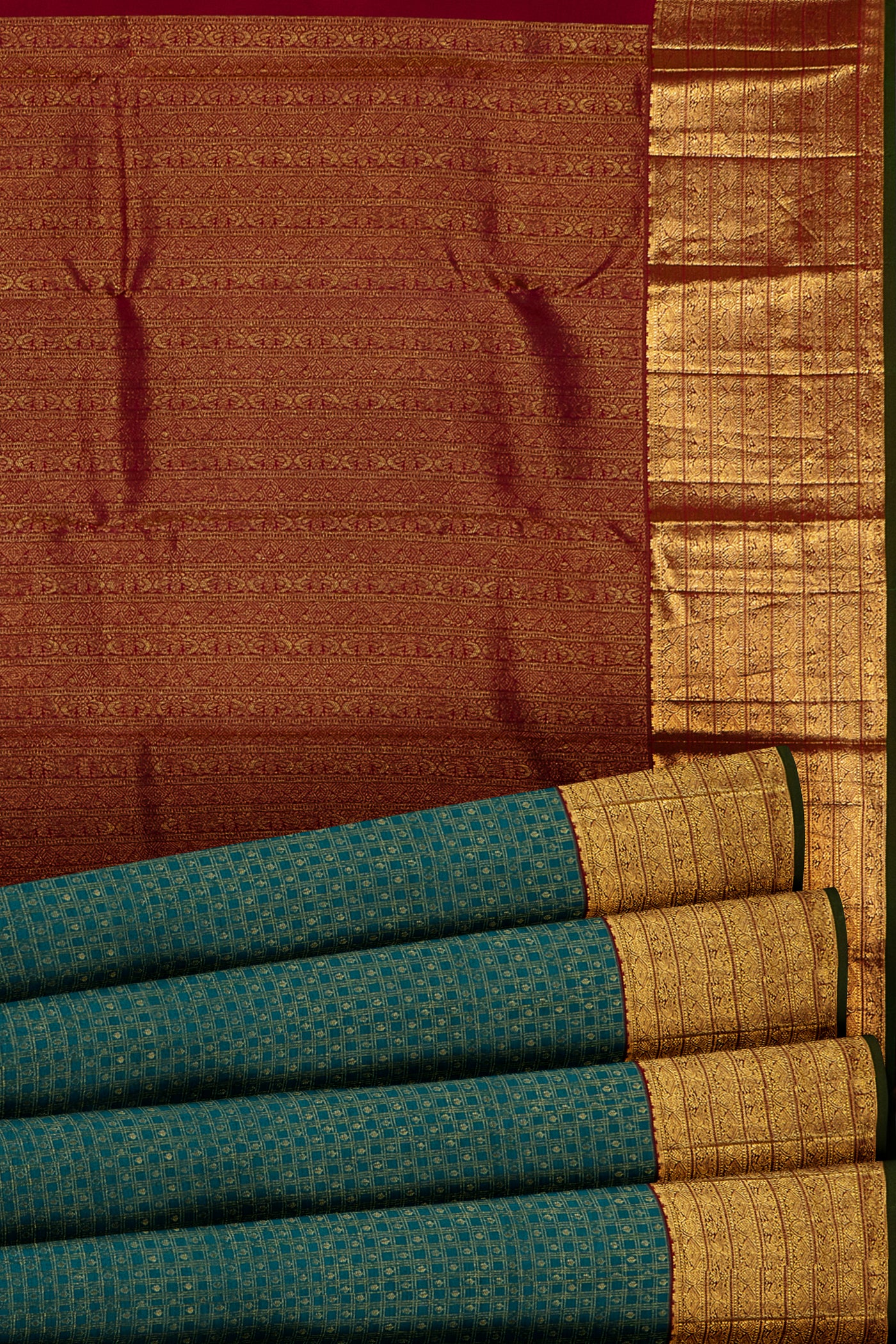 Sapphire Blue Brocade Checks Kanjivaram silk Sari - Clio Silks